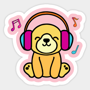 Happy smiling baby dog puppy with headphones. Kawaii cartoon Sticker